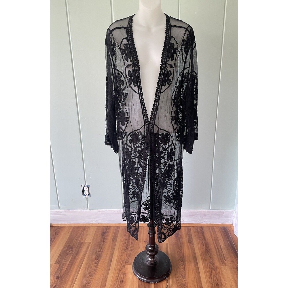 Black Sheer Lace Maxi Duster Kimono Gothic Whimsy Goth Romantic Boho One Size